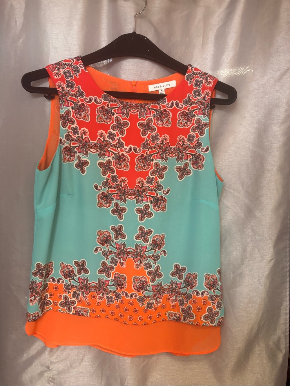 Rose & Olive Orange and Aqua Floral Sleeveless Blouse